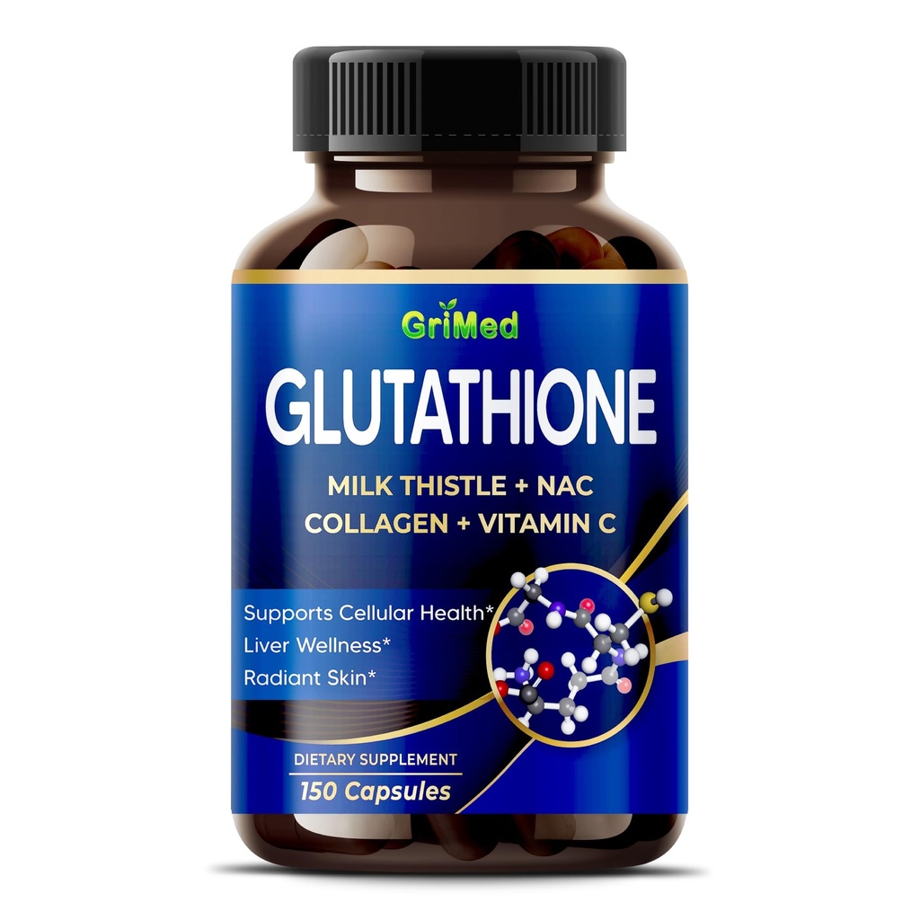 GriMed Glutathione 11,200mg - X10 Power with Milk Thistle, NAC, Collagen, C-vitamin - Cellular Wellness, Radiant Skin - USA Made & Tested (150 Count (pakke med 1))