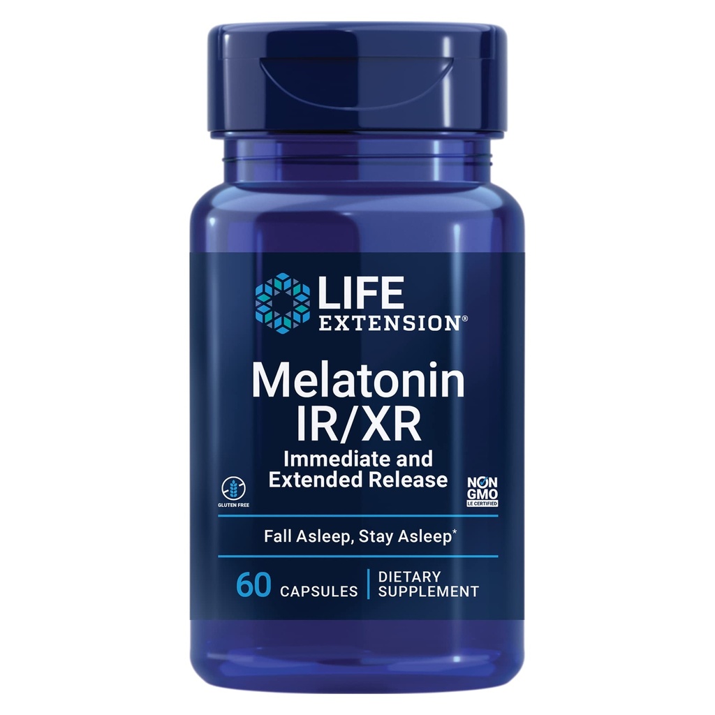 Life Extension Melatonin IR / XR, 1, 5 mg, umiddelbar - og Extende- Release Formel for optimal søvnstøtte, sunde cirkadiske rhythms, cellular Defense, Gluten- Free, Non-GMO, 60 Kapsler