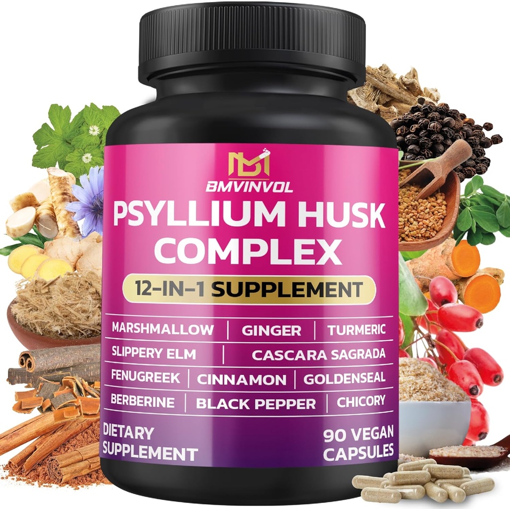 BMVINVOL Psyllium Husk, Slippery Elm, Cascara Sagrada, Fenugreek, Berberine, kanel, gurkemeje + 5 Mores - immunforsvar og fordøjelsessygdomme supplement - 90 kapsler