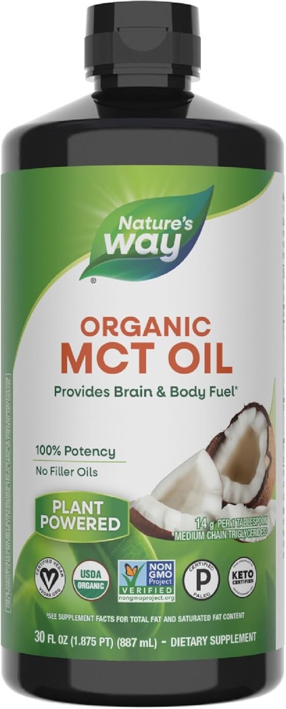 Nature 's Way Organic MCT Oil, 30 Fl Oz, Brain og Body Fuel fra Coconuts *, C8 Captac Acid og C10 Capric Acid, Keto og Paleo Certified, Organic, Non- GMO Project Verified