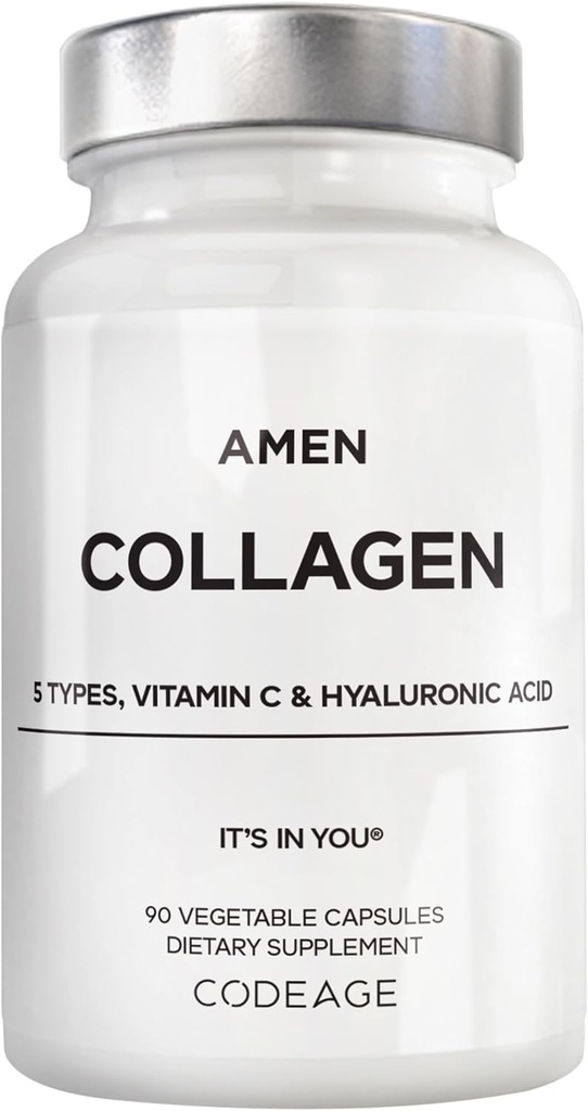 Amen Multi Collagen Peptider kapsler med Hyaluronsyre og C-vitamin - 5 typer af Collagen Protein type I, II, III, V, X - Græs Fed Hydrolyzed - 18 Aminosyrer - Collagen supplement - 90 piller