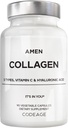 Amen Multi Collagen Peptider kapsler med Hyaluronsyre og C-vitamin - 5 typer af Collagen Protein type I, II, III, V, X - Græs Fed Hydrolyzed - 18 Aminosyrer - Collagen supplement - 90 piller