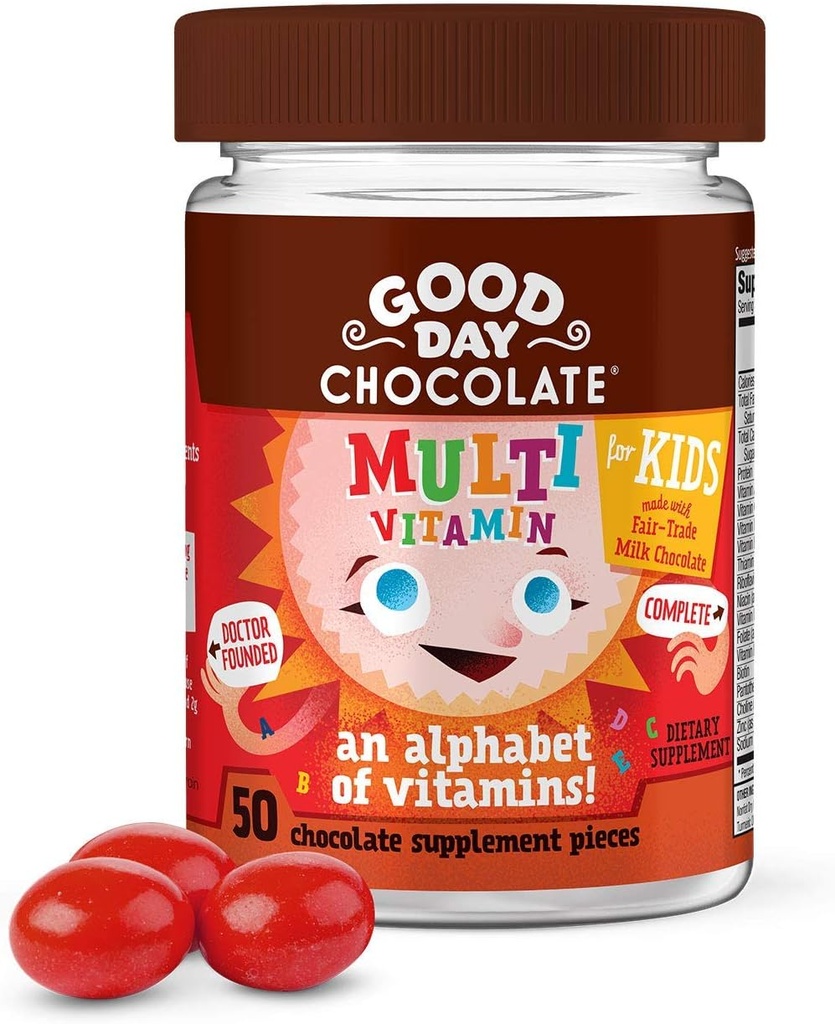 God dag Chokolade Komplet Multivitamin for børn, Dagligt tillæg af vitaminer A, B6, B12, C, D, E, Folate og biotin, Fair Trade og non-GMO chokolade, 50 stykker