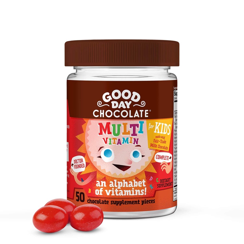 God dag Chokolade Komplet Multivitamin for børn, Dagligt tillæg af vitaminer A, B6, B12, C, D, E, Folate og biotin, Fair Trade og non-GMO chokolade, 50 stykker