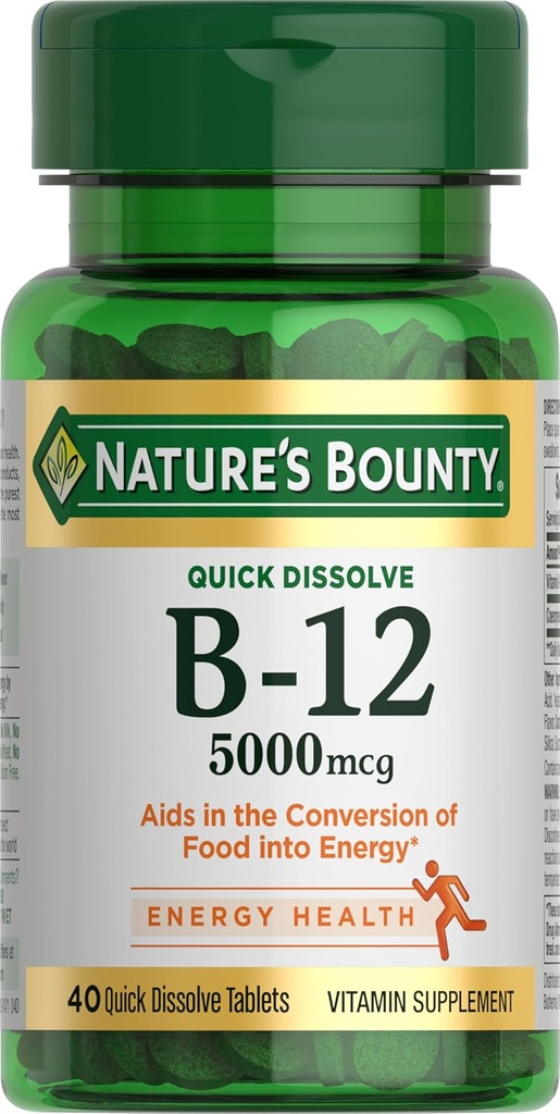 Naturens Bounty Vitamin B12, understøtter energi Metabolisme og nervesystem sundhed, 5000mcg, 40 Quick Opløs tabletter