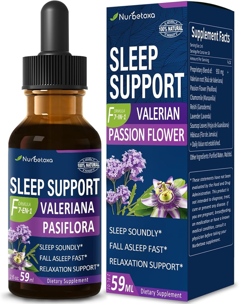 Valerian Sleep Support Drops, Gotas de Pasiflora y Valeriana y Lavanda para Dormir Profundamente rapido. Passion Flower & Lavendel Extract flydende tinktur til hurtig og lyd søvn. 2oz
