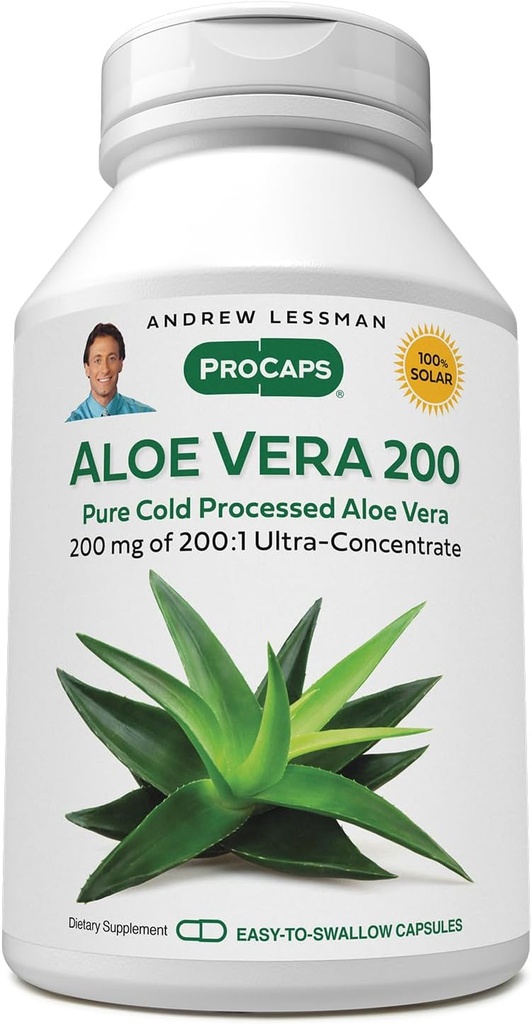 ANDREW LESSMAN Aloe Vera 200- 30 Kapsler - Giver 200: 1 Ultra- Koncentrat af Aloe Vera, Lindrende Støtte til Mave og fordøjelsessystem, Ingen tilsætningsstoffer, lille let at synke kapsler