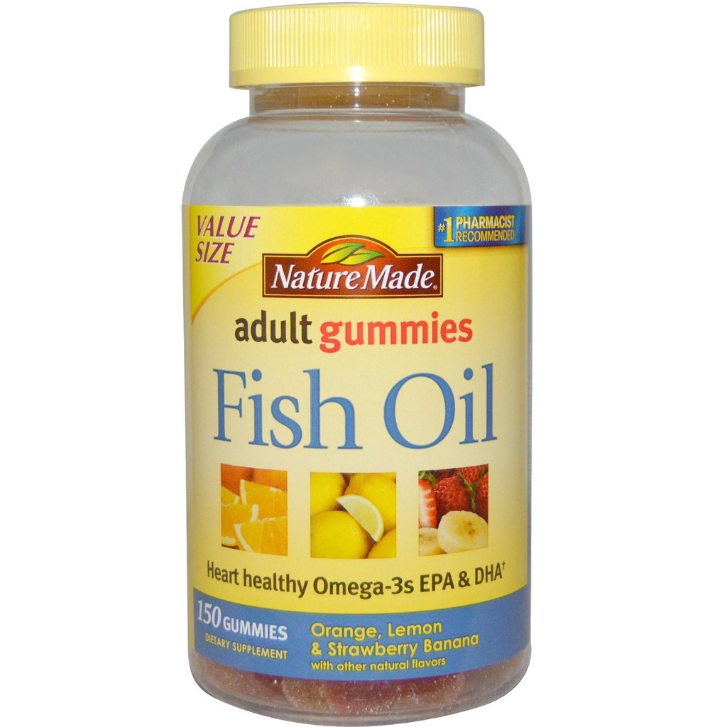 Nature Made Fish Oil Gummies, 150 Softgel Værdi størrelse, med hjerte-sund Omega 3 s 57 mg, i lækker jordbær, Lemon, & Orange