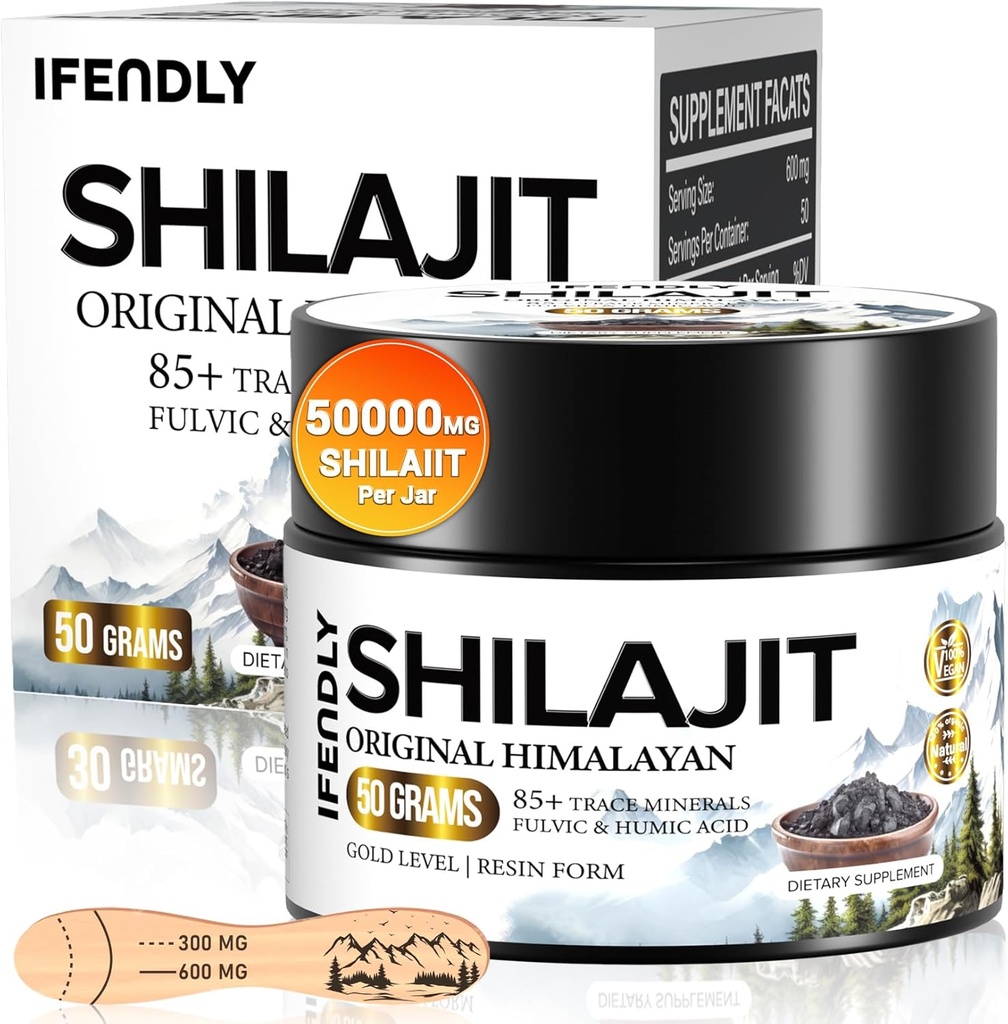 Shilajit Resin, Shilajit til mænd og kvinder, Shilajit Organic - 600mg Potency Gold Grade, med 85 + Trace Minerals, Fulvic & Humanic Acid, for Stamina, Immunitet & Styrke, 83 Servere (50g)