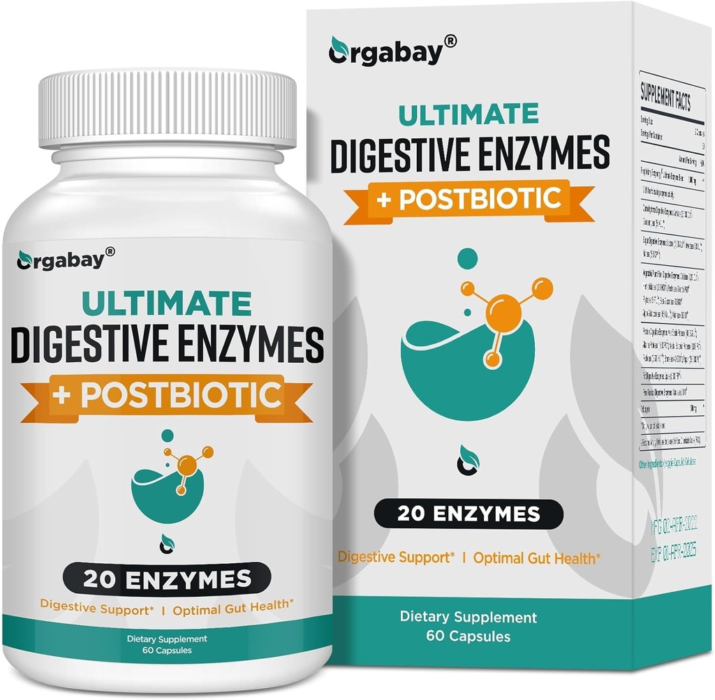 Orgabay fordøjelsesenzymer 1000mg med Postbiotika, 20 Enzyme Blend til bloating, Optimal fordøjelse og Gut funktion, 60 Veggie kapsler