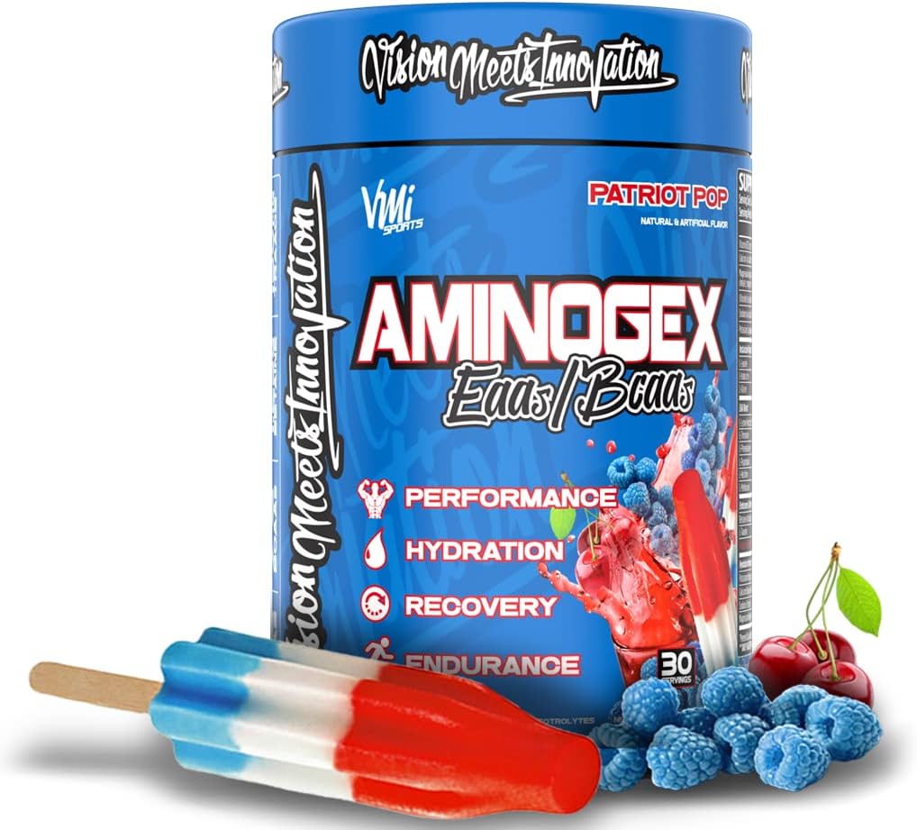 VMI Sports Aminogex Ultra | BCAA Powder | Amino Acids + Betaine and Glutamine | Amino Acid Post Workout Recovery Drink | Intra Workout Drink with Electrolytes | (30 Servings) (Patriot Pop)