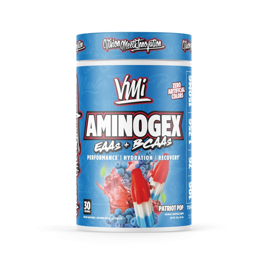 VMI Sports Aminogex Ultra Beeg 124; BCAA Powder Б124; Aminosyrer + betain og Glutamine Б124; Amino Acid Post Workout Inddrivelse Drink 124; Intra Workout Drink med Electrolytes Б124; (30 Servering) (Patriot Pop)