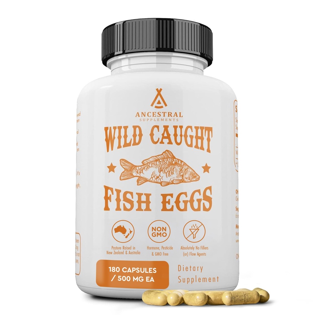 Ancestral kosttilskud vilde fanget fisk æg, 2400mg, Omega-3 supplement understøtter hjerne, hjerte, fertilitet og inflammatorisk sundhed, hele fødevarer kilde til D-vitamin, K2, og A, ikke-GMO, 180 kapsler