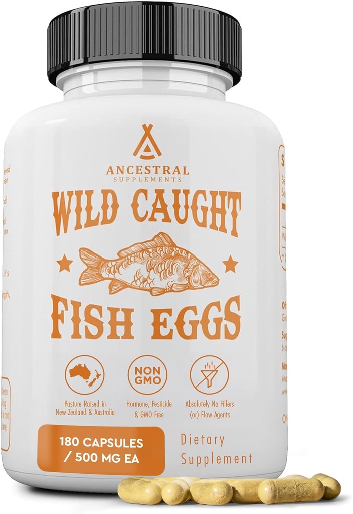 Ancestral kosttilskud vilde fanget fisk æg, 2400mg, Omega-3 supplement understøtter hjerne, hjerte, fertilitet og inflammatorisk sundhed, hele fødevarer kilde til D-vitamin, K2, og A, ikke-GMO, 180 kapsler