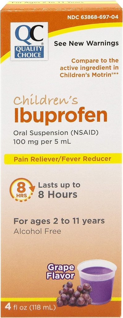 Kvalitetsvalg Børns Ibuprofen 100 mg oral suspension, smerte / feber Reducer, Grape Flavor 4 FL OZ