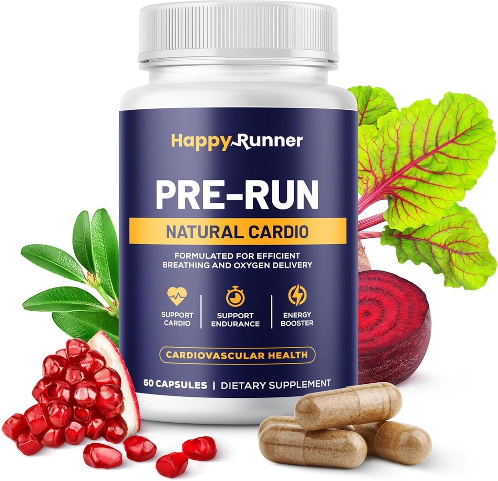 Happy Runner: Pre-Run - Forbedrer vejrtrækning, Forbedret Oxygen Levering, Respiratorisk effektivitet, Øger Endurance, Nitrogen Oxide Booster, Forbedret blodgennemstrømning, Køretilskud, Kardiovaskulær sundhed