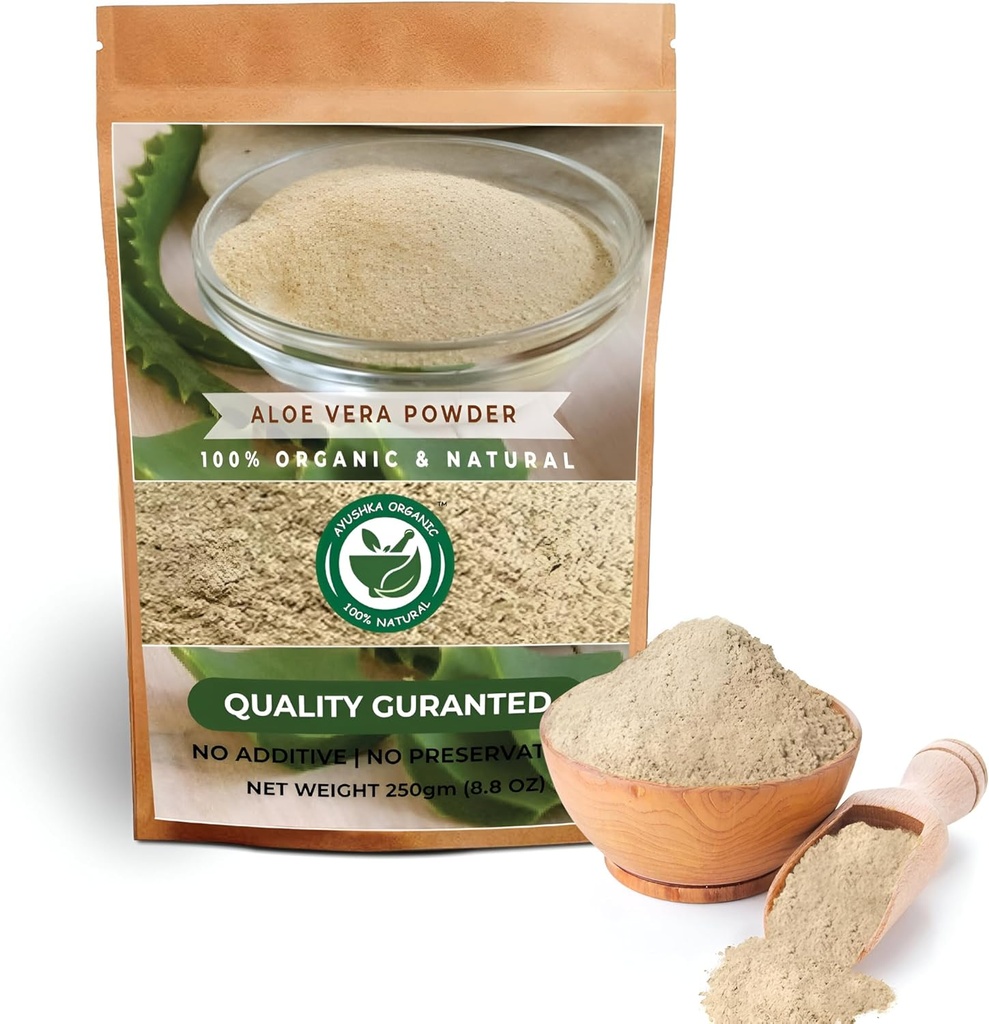 Aloe Vera Powder Mex124; Aloe barbadensis Mex124; Hårpleje, hudpleje, og naturlige retsmidler - 100% Pure, Kemisk-fri, Ingen tilsætningsstoffer, (250Gm)