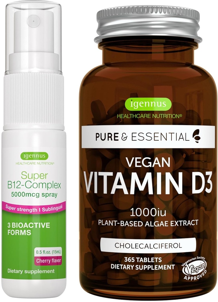 Vegan Vitamin D3 + Super B12- Complex 5000mcg Vegan Bundle, 365 1000iu Vitamin D3 tabletter + høj styrke B12 Cherry Flavor Sublingual Spray, af Igennus