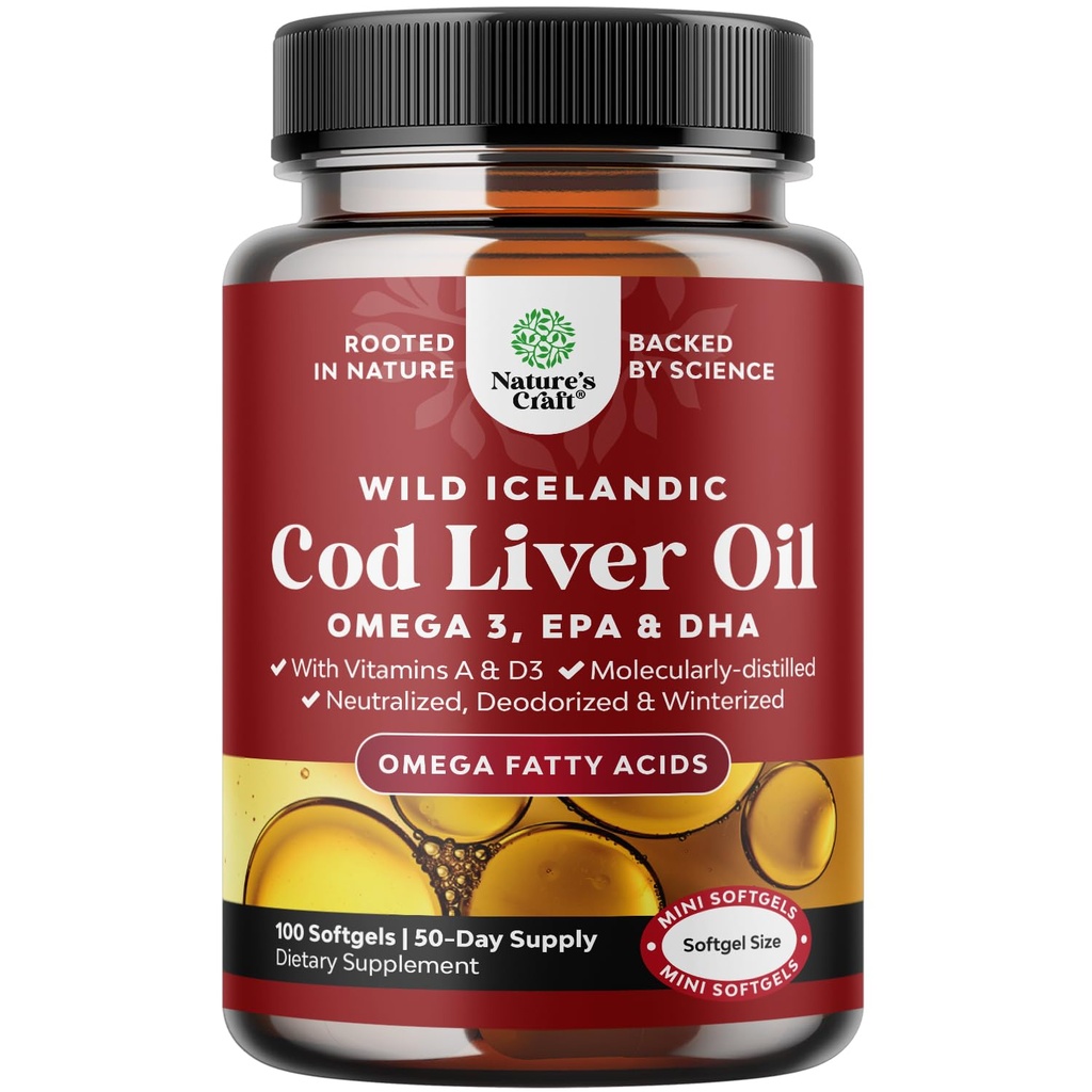 Islandsk Wild Fanget Cod Lever Oil Softels - Fish Omega 3, EPA, DHA, Vitamin D & A, 1000mg Per Serving - Burpless Capsules for Heart, Joint, Brain & immunsupport - 100 Greve