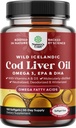 Icelandic Wild Caught Cod Liver Oil Softgels - Fish Omega 3, EPA, DHA, Vitamin D & A, 1000mg Per Serving - Burpless Capsules for Heart, Joint, Brain & Immune Support - 100 Count