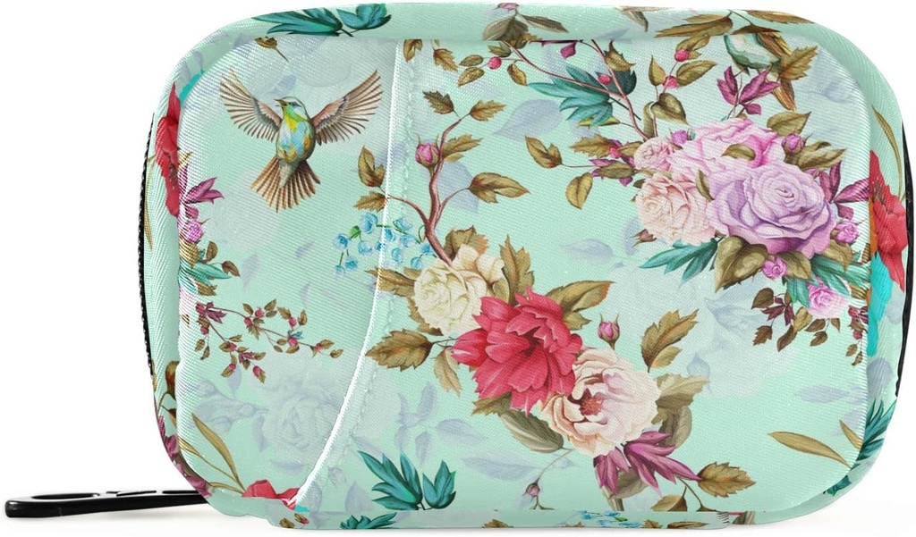 Rose Floral Birds Pill Box 7 Day Pill Case Bag Travel Pill Organizer Bag with Zipper Portable Weekly Case Compact Size for Vitamin Supplement Holder