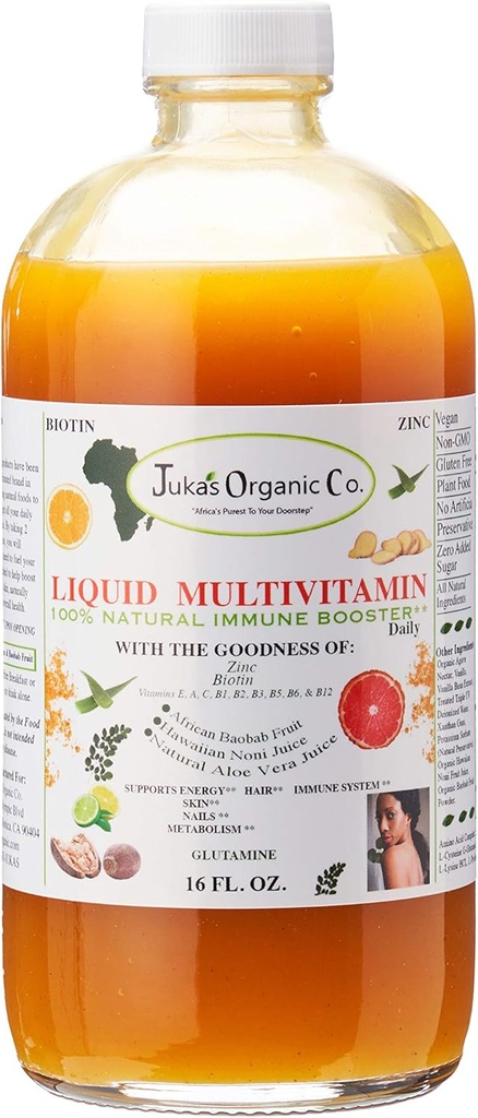 Juka 's Organic Co. Flydende Multivitamin til hudfarve 124; Håret 124; Nails med Zinkfarve 124; Biotinopløsning 124; Baobab 124; Vitamin A-E-124; Sporede mineraler, Aminosyreopløsning 124; Boost immun, Energi & fordøjelsessystem i glasflasker 16oz