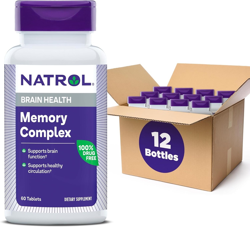 Natrol Memory Complex med Ginkgo Biloba 120mg og B vitaminer, Kosttilskud til hjerne sundhed og hukommelse, 60 tabletter, 30 dages forsyning (pakke med 12)