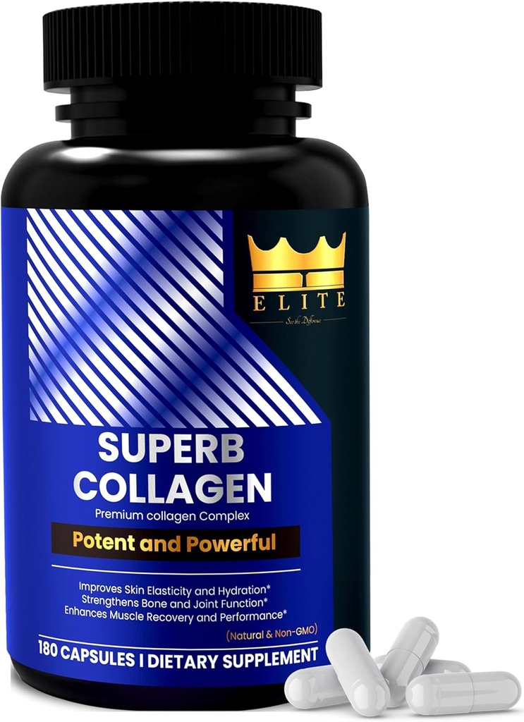 Crown Elite Superb Collagen Mea124; Multi- Type Premium Collagen Supplement 124; Understøtter Skin Hydration, Hårvækst, Fælles Fleksibilitet & Knoglestyrke Measures 124; Non- GMO, Grass- Fed Measures 124; 180 kapsler, for kvinder og mænd