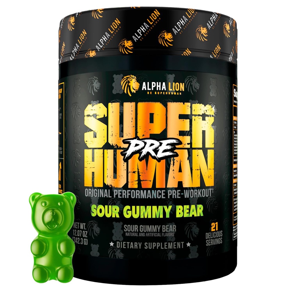 LION Superhuman Pre Workout Powder, Beta Alanine, L- Taurine & Tri- Source Coffein for Sustained Energy & Focus, Nitro- oxide & Citrulline for Pump (21 Serveringer, Sour Gummy Bear Flavor)