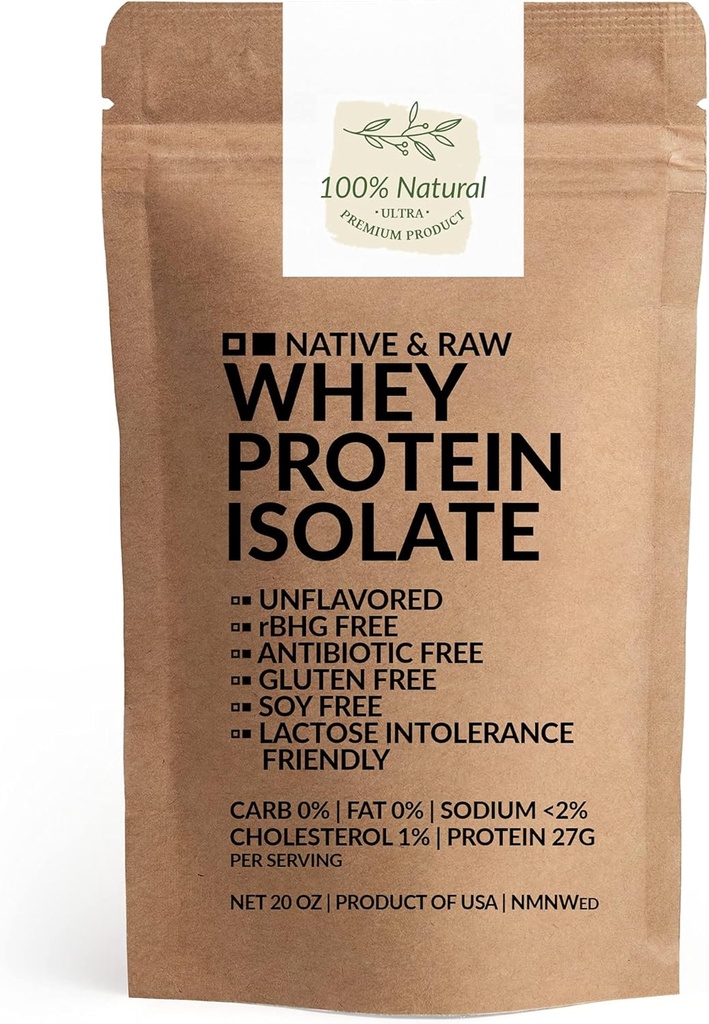 Native & Raw Whey Protein Isolate, Unflavored, 0procent Carb, Low CholesterolNatrium, rBGH Free, Antibiotisk fri, Gluten Free, Soy Free, God for Keto, Paleo, og Lactose Intolerance, 20 Oz