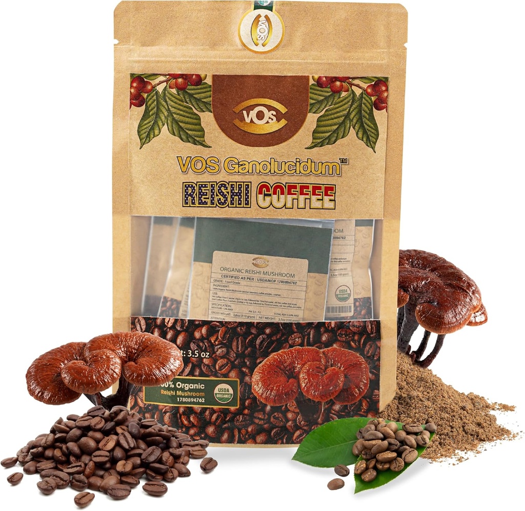 VOS GANOLUCIDUM - 100% Organic Reishi Coffee, 2 in 1 Reishi Mushroom with Coffee, 5 Sachets, Great Tasting, Mushroom Supplement, Support for Energy & Immunity Supplement (0.7 oz each)