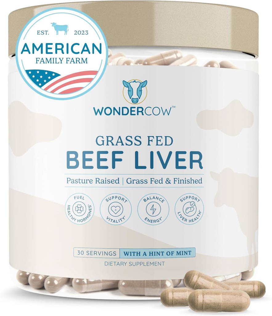 WONDERCOW Beef Lever Capsules Grass Fed Supplement - Desickated & Natural Source of Protein, Iron, Vitaminer A & B - Øger energi og Immunitet