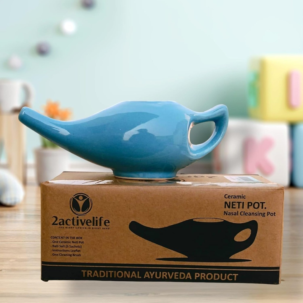 Yoga Neti Pot til Sinus & Congestion Rengøring 124; Mikrobølgeovn og Opvaskemaskine Friendly Measurement 124; Lækbevis Holdbar Keramisk Neti Pot Pot 124; Nasal Vask håndlavet Holdbar Keramisk - Blå