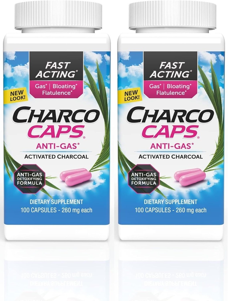 Charcocaps Hurtig fungerende gas relief til Bloating & Flatulence, Drug Free afgiftning Aktiveret kul Formel, 100 kapsler, 30 dages forsyning, Pink- pakke med 2