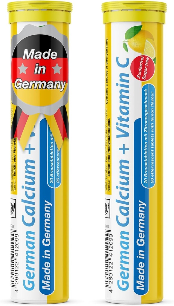 Tysk Calcium + VIT. C - 40 Vegansk drik Effervescent tabletter - Lemon Lime Flavor - Made in Germany