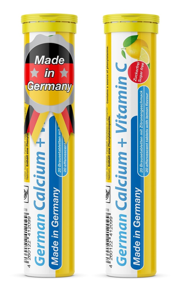 Tysk Calcium + VIT. C - 40 Vegansk drik Effervescent tabletter - Lemon Lime Flavor - Made in Germany