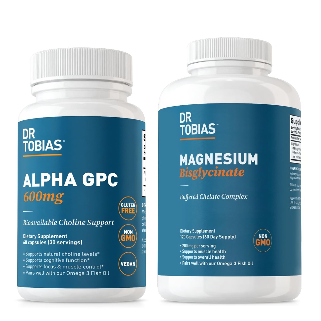 Dr. Tobias Alpha GPC & Magnesium Bisglycinate - Support Brain Function & Samlet sundhed med høj Absorption Kosttilskud, Non- GMO