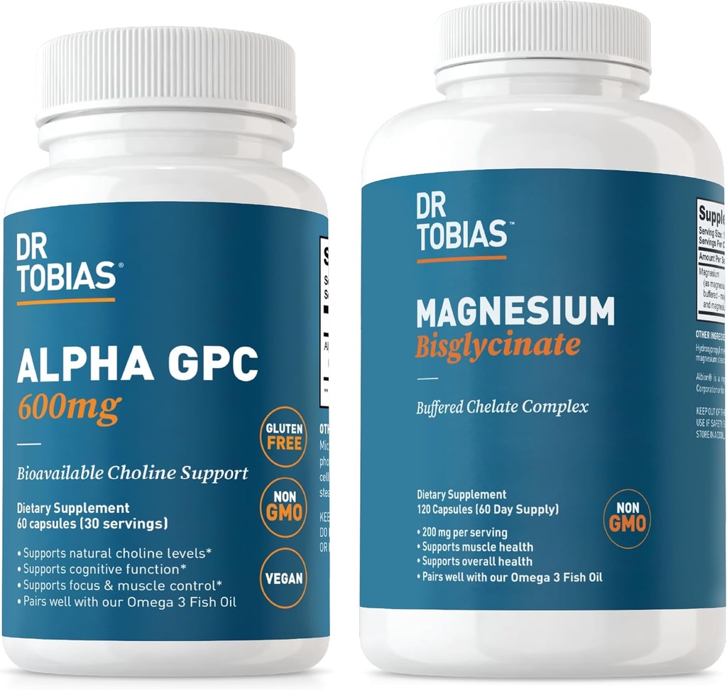 Dr. Tobias Alpha GPC & Magnesium Bisglycinate - Support Brain Function & Samlet sundhed med høj Absorption Kosttilskud, Non- GMO