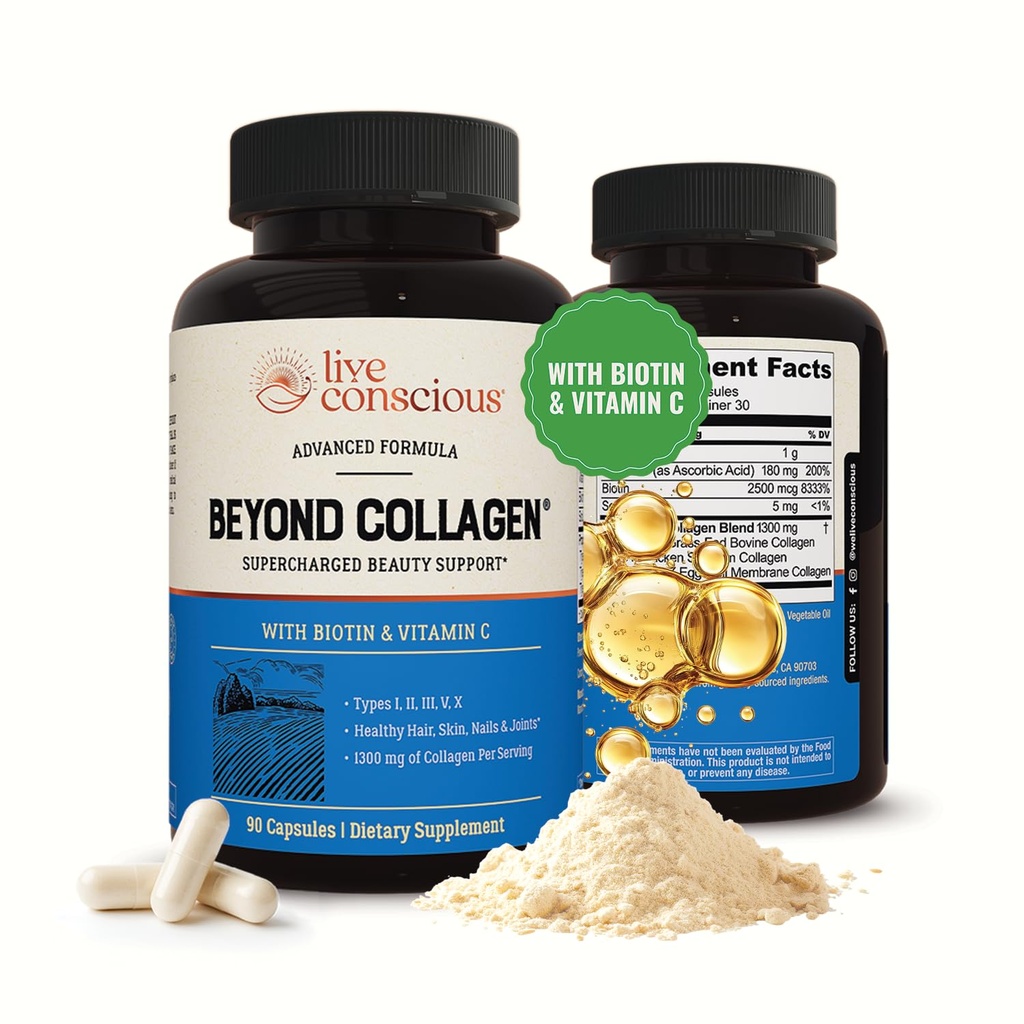 Live Bevidsthed ud over collagen Multi kollagen kapsler - Type I, II, III, V & X - Hydrolyzed Blend med Biotin & C-vitamin til hår, hud, negle 90 Kapsler