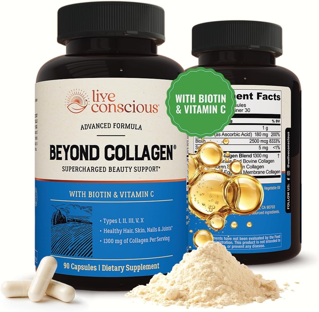 Live Conscious Beyond Collagen Multi Collagen Capsules - Types I, II, III, V & X - Hydrolyzed Blend with Biotin & Vitamin C for Hair, Skin, Nails 90 Capsules