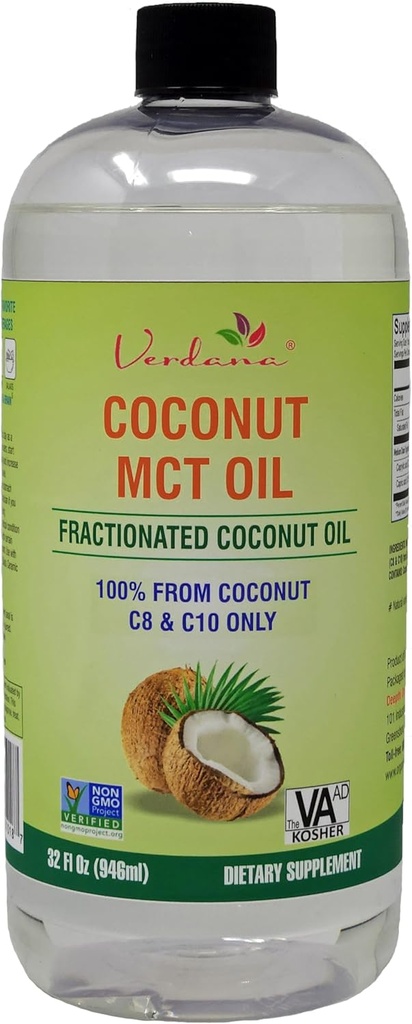 Verdana Food Grade MCT Oil 32 oz - for Keto Coffee, Unflavored Natural Oil Pulling Mouthwash & Massage - 100% kokos afledte fraktioneret olie - Medium Chain triglycerider C8 C10 -Non- GMO, Kosher