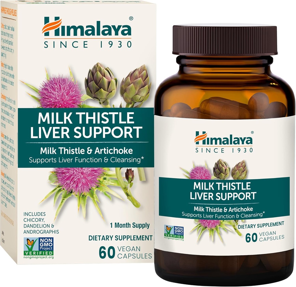 Himalaya Milk Thistle Leverstøtte - med Chicory, Andrographis, Mælkebøtte, og Silymarin til lever rense, Detox og funktion - Vegan, Non- GMO, Gluten Free, 350 mg, 60 kapsler