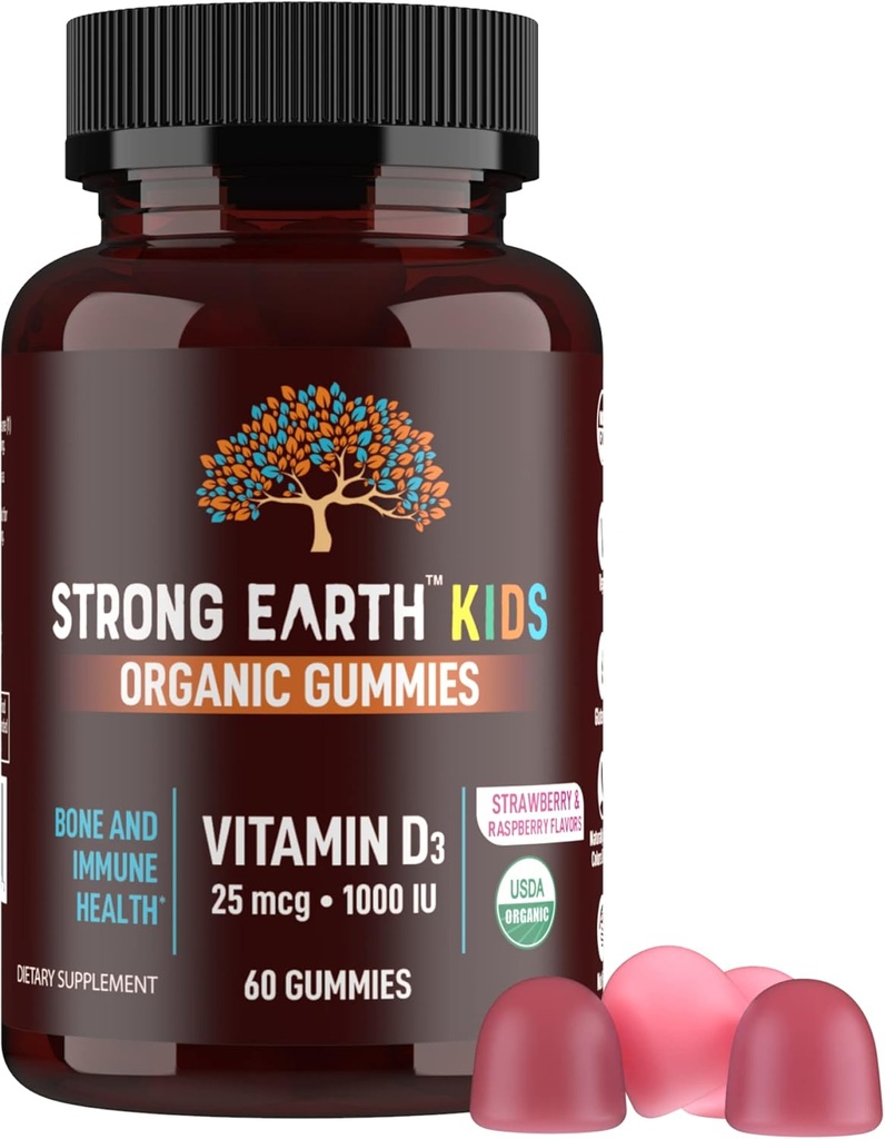 YUM- V 'S Strong Earth Organic Vitamin D3 Gummies (1000 IE D-vitamin 3 pr. servering, 60 greve) Knogle- & immunsupport- vitamin D-gummies, Veganske tyggetabletter