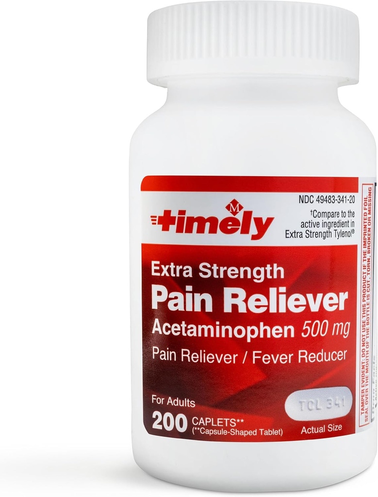 TIME-CAP LABS, INC. Timely Acetaminophen 500 MG Tablets 200 Count - Extra Strength Pain Relief - Menstrual Cramps, Fever Reducer, Minor Pain of Arthritis