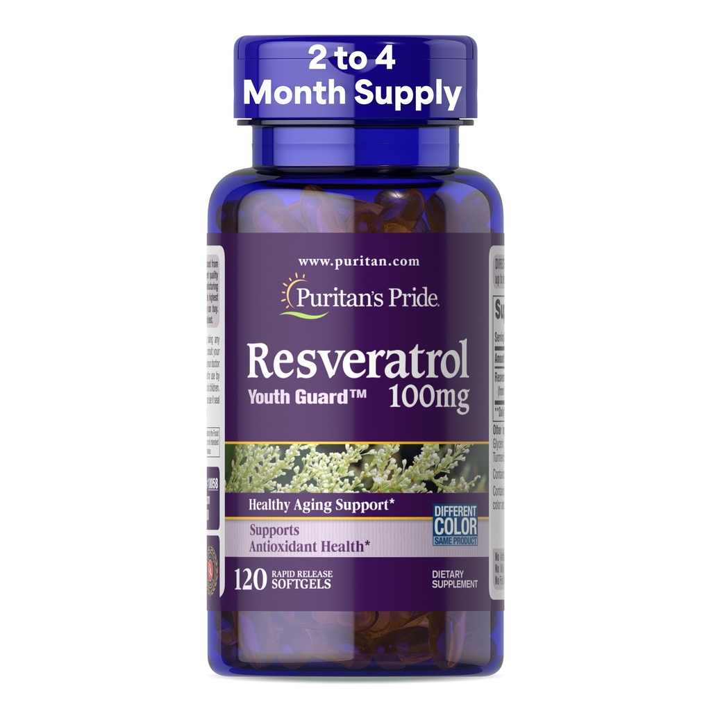 Puritans Pride Premium Resveratrol Youth Guard ™ 100mg, Kosttilskud til immunsystemet, Antioxidant, Sukker Metabolisme, Blood Flow, og Vaskulære Funktionssupport, 120 Rapid Release Softels