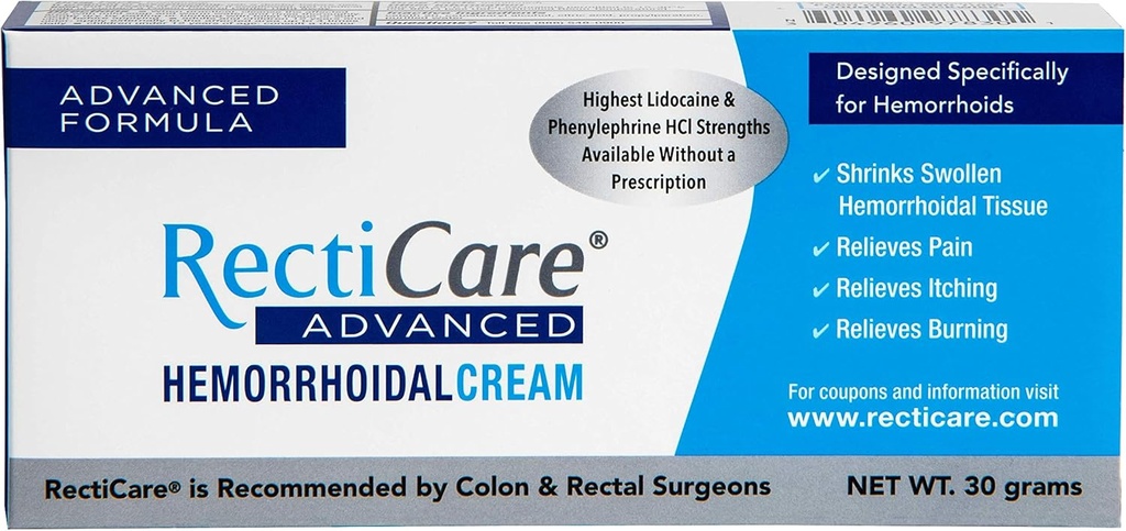 Rekticare Advanced hæmoridal Cream: Advanced Treatment to Shrink & Sothe hæmorids - Itch, Pain, Burn Relief - 30g hæmoridal Cream med Lidocain