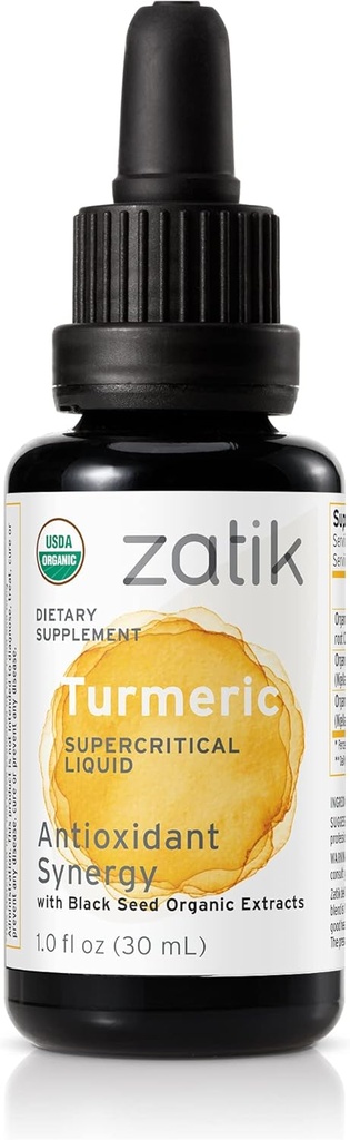Zatik Naturals - Gurkemeje Supercritical Liquid Synergy med Black Seed Organic CO2 Extract, Antioxidant, Cold Pressed, Uraffineret Olie, Vegan, Non- GMO, Organic, 1.0 fl oz.