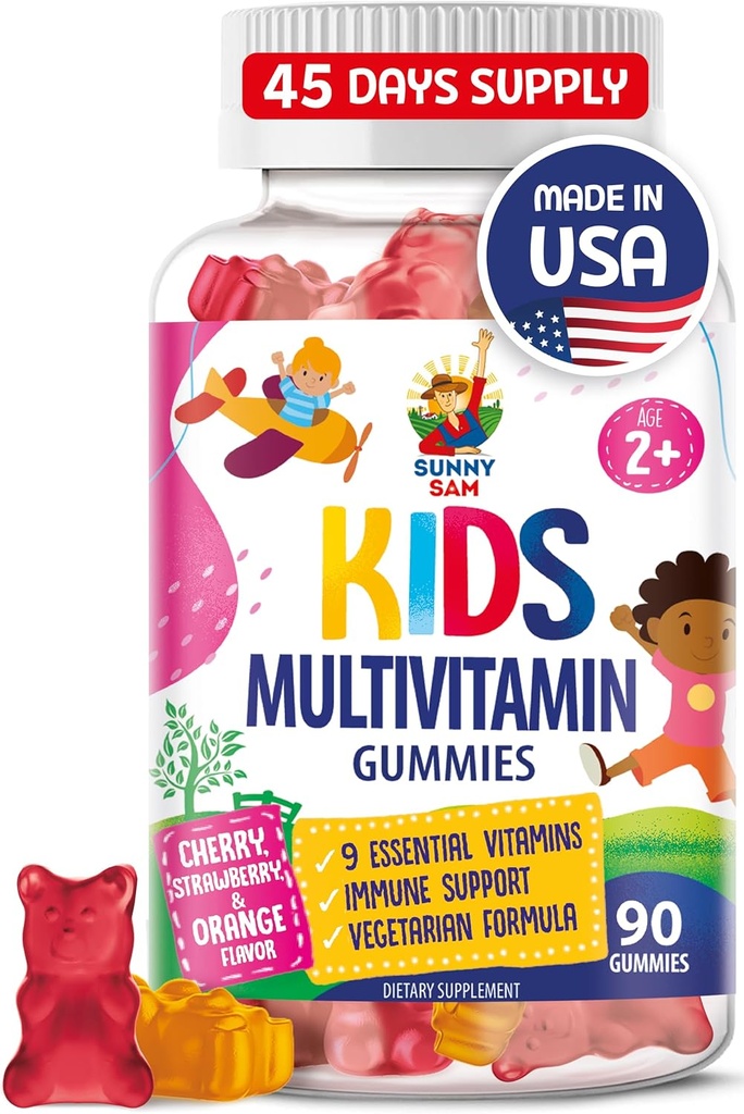 Kids Multivitamin Gummies - 90 tyggetabletter - Dagligt tillæg med 14 essentielle vitaminer til alderen 2 og derover - Inkluderer vitamin A, C, D, E, Vegetar B6 og B12, Zink, Biotin