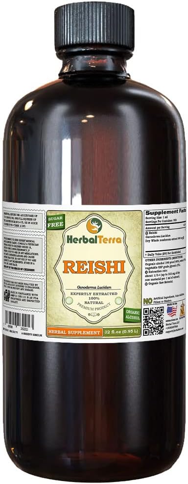 Reishi Mushroom (Ganoderma Lucidum) Tinktur, Økologisk Tørrede Mushrooms Liquid Extract (Brand Name: HerbalTerra, Stolt Made in USA) 32 fl.oz (0,95 l)
