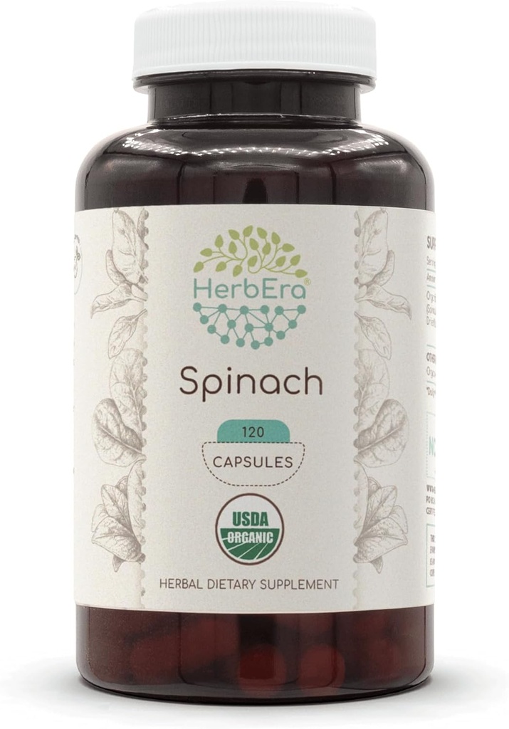 HerbEra Spinach 120 Kapsler, 500 mg, USDA Organic Spinach (Spinacia oleracea) Tørret Leaf (120 Kapsler)